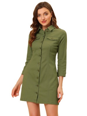 INSPIRE CHIC Women's 3/4 Sleeve Button Down Denim Shirt Dress