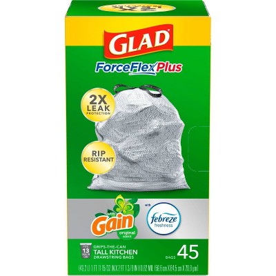 Glad ForceFlexPlus + Tall Kitchen Drawstring Gray Trash Bags - Gain Original with Febreze Freshness - 13 Gallon - 45ct