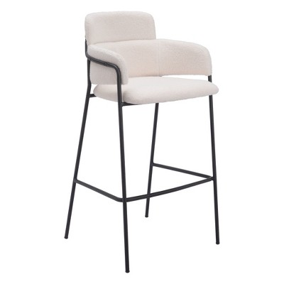 HomeRoots Set of Two 30" Cream and Black Faux Shearling and Steel Bar Height Bar Chairs