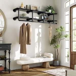 Aheaplus 2 Tiers Heavy Duty Pipe Clothing Shelves with Hanging Rod, 47-73in Space-Saving Wall Mounted Clothing Rack with Top Shelf - 1 of 4