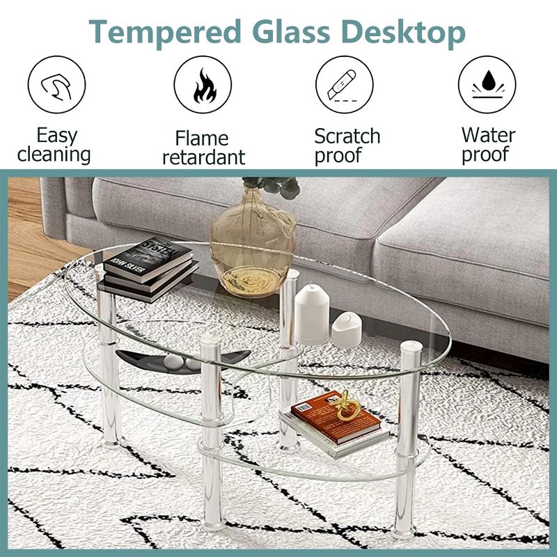 SKONYON Oval Dining Table Glass Coffee Table with Storage Side Shelf and Metal Legs, 5 of 7