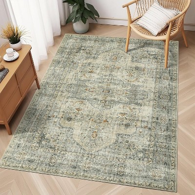 5x7 Washable Vintage Rug for Living Room, Ultra-Thin Non-Slip Retro Medallion Carpet for Bedroom Dining Room Home Office, Farmhouse Beige