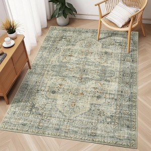 5x7 Washable Vintage Rug for Living Room, Ultra-Thin Non-Slip Retro Medallion Carpet for Bedroom Dining Room Home Office, Farmhouse Beige - 1 of 4
