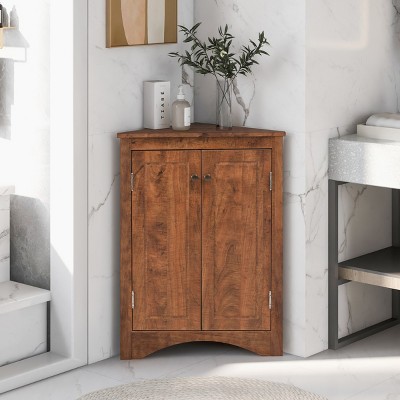 Bathroom Storage Cabinet With Adjustable Shelves, 31 Inch High Corner Cabinet With Triangle Design-Cuddlewood