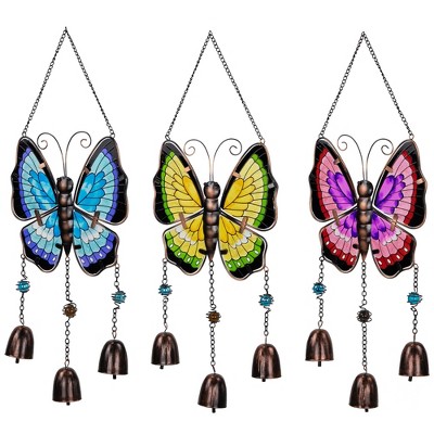 Vibrant Metal Butterfly Garden Windchimes with Faux Jewel Accents - Set of 3