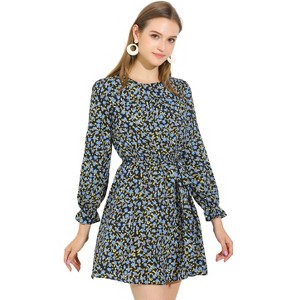 INSPIRE CHIC Women's Floral Ruffle Long Sleeves Round Neck Belt Autumn Dress - 1 of 4