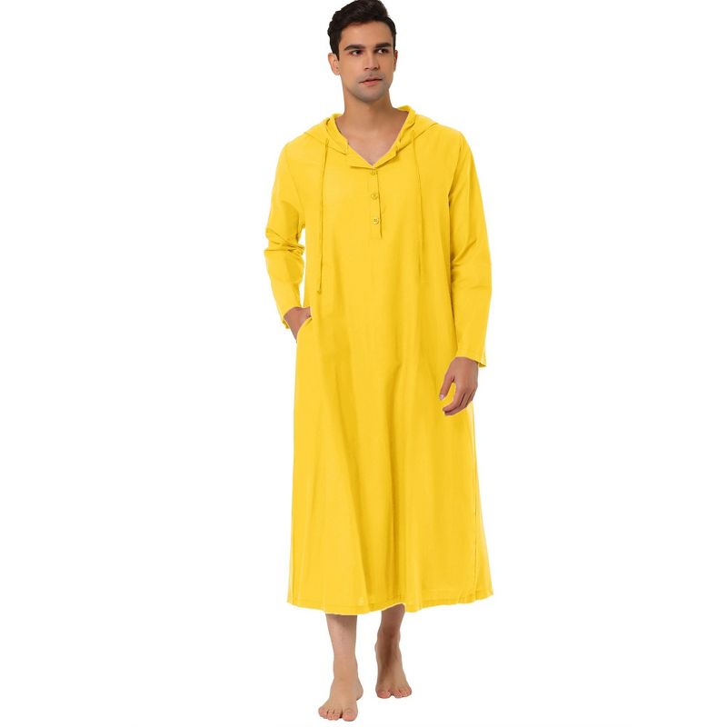 Lars Amadeus Men's Button Closure Long Sleep Side Pockets Side Split Hooded Nightgown, 1 of 6