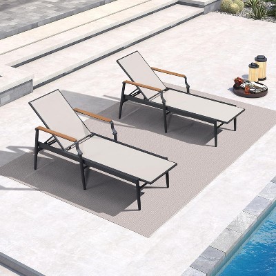 PURPLE LEAF Outdoor Chaise Lounge Chair Set of 2 Patio Pool Lounger Chairs with Wooden Armrest Sunbathing Tanning Recliner for Outside Backyard