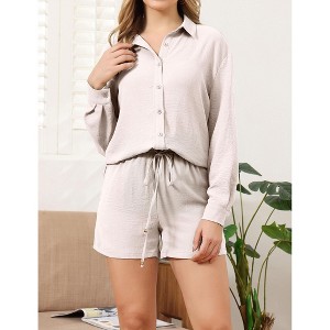 Womens 2 Piece Sets Long Sleeve Lightweight Button Down Shirts with Shorts Lightweight Crinkled Cooling Fabric Sets - 1 of 4