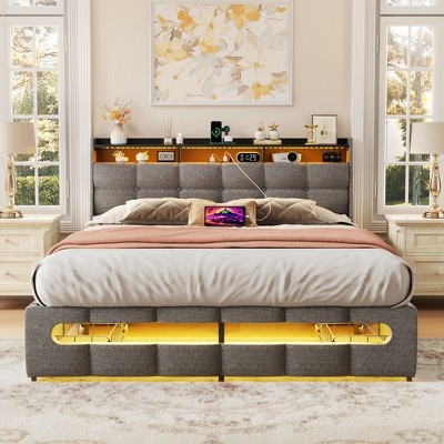 Aheaplus Upholstered Bed Frame with Storage Headboard, Charging Station, LED Light