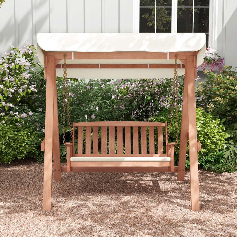 Costway Wood Porch Swing with Canopy Outdoor Patio 2-Seat Swing Bench with Cushions Backyard, 5 of 11