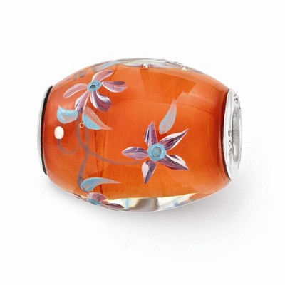 Black Bow Jewelry Fenton Orange Floral Glass & Sterling Silver Barrel Bead Charm
