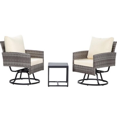 Anybear 3PC Grey Wicker Rattan Swivel Chairs with Coffee Table Outdoor Seating Set