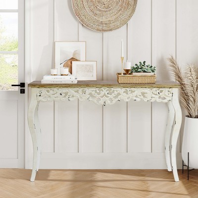 Victorian Off-White and Natural Wood Console Table with Storage