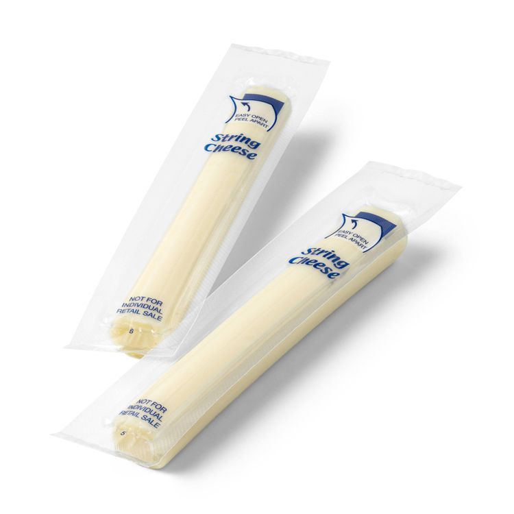 Two individually wrapped sticks of string cheese with "String Cheese" and "NOT FOR INDIVIDUAL RETAIL SALE" text on the packaging.