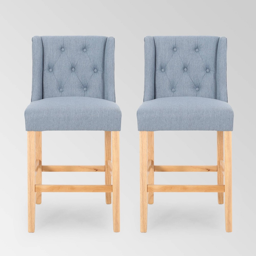 Photos - Chair Set of 2 Landria Button Tufted Wingback Counter Height Barstools Light Blu