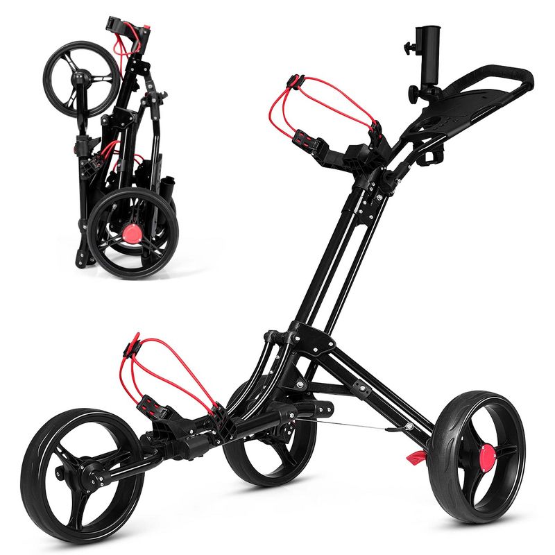 Costway Foldable 3 Wheel Steel Golf Pull Push Cart Trolley Club w/ Umbrella Holder, 1 of 11