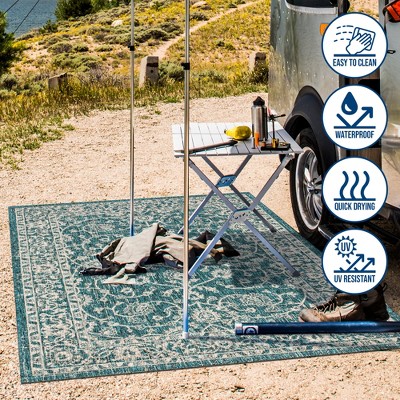 Elegant Teal & Gray Hand-Woven 4'x6' Synthetic Outdoor Area Rug