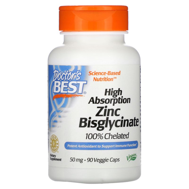 Doctor's Best High Absorption Zinc Bisglycinate, 100% Chelated, 50 mg, 90 Veggie Caps, 1 of 3