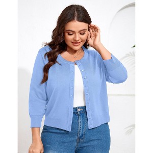 YESFASHION Women Plus Size Cardigan Round Neck Button Down 3/4 Sleeve Top Solid Casual Cardigan - 1 of 4