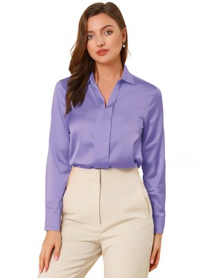 INSPIRE CHIC Women's Elegant V Neck Long Sleeve Office Work Satin Shirt