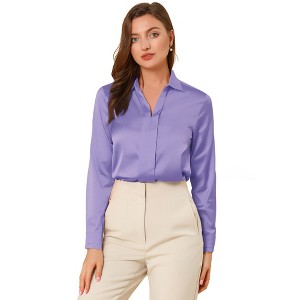 INSPIRE CHIC Women's Elegant V Neck Long Sleeve Office Work Satin Shirt - 1 of 4