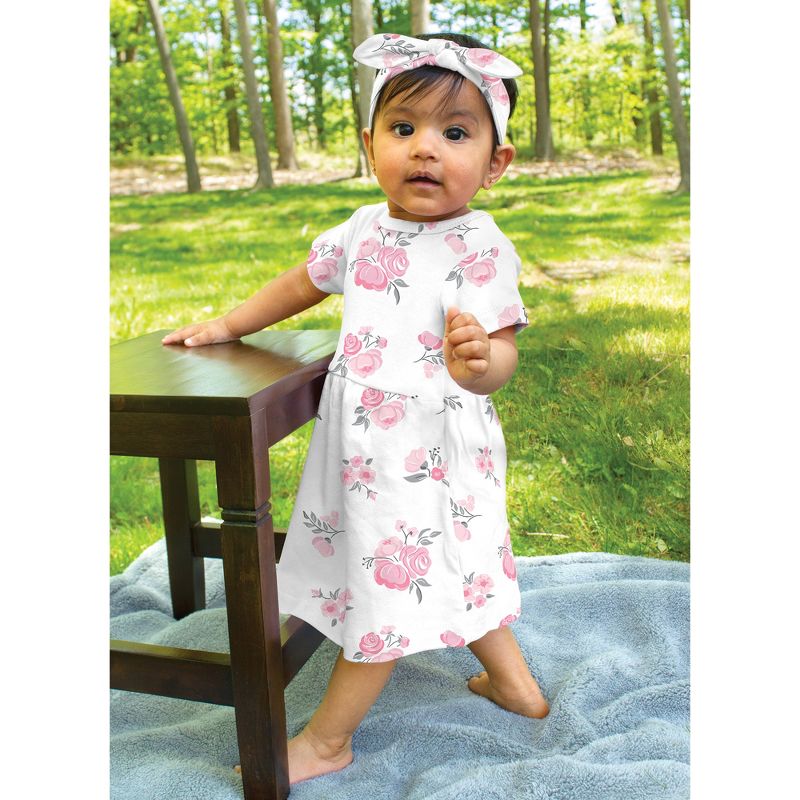 Hudson Baby Infant and Toddler Girl Cotton Short-Sleeve Dresses 2pk, Pink Gray Floral, 5 of 6