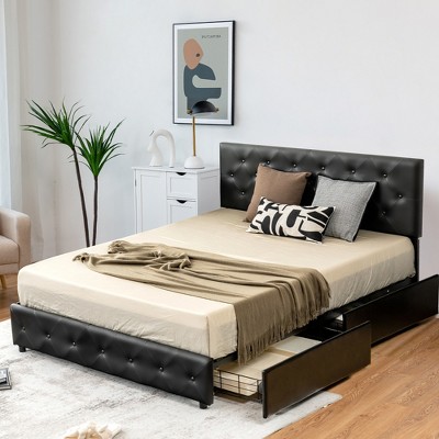 Costway Upholstered Platform Bed w/ 4 Drawers PU Leather Button Tufted Headboard