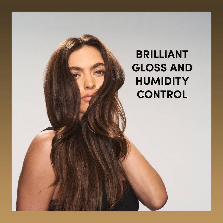 A person with long, glossy brown hair is shown with the text "BRILLIANT GLOSS AND HUMIDITY CONTROL" on the right side.