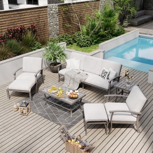 HAPPATIO 7 Piece Aluminum Patio Furniture Set, Outdoor Sofa with Ottomans and Coffee Table - 1 of 4