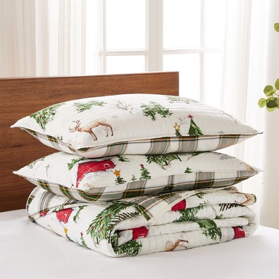 Full Red Cotton Reversible Christmas Holiday Quilt Set