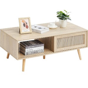 VEVOR Rattan Coffee Table, Mid Century Modern Coffee Table, Rectangle Wood Coffee Table, 42 Inch Modern Boho Style Two Layers Storage Coffee Table - 1 of 4