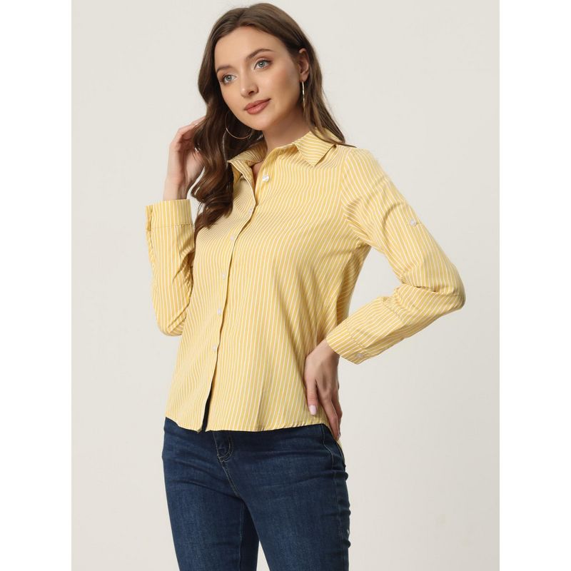 Allegra K Women's Striped Button Down Roll-up Long Sleeves Point Collar Shirt, 3 of 7