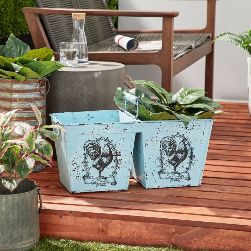 23&#34; Wide Square Planter French Country Rooster Illustration Metal with Handles Distressed Blue - Olivia &#38; May, 3 of 7