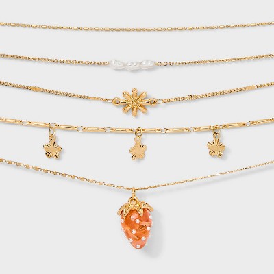 Strawberry Flower and Acrylic Pearl Choker Necklace Set 5pc - Wild Fable™ Metallic Gold