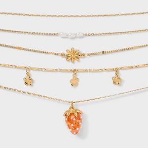 Strawberry Flower and Acrylic Pearl Choker Necklace Set 5pc - Wild Fable™ Metallic Gold - 1 of 4
