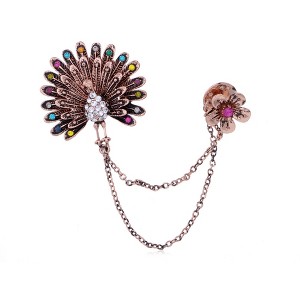 Anna-Kaci Dangling Flower Multicolored Rhinestone Copper Tone Peacock Fashion Brooch - Multicolor - 1 of 4