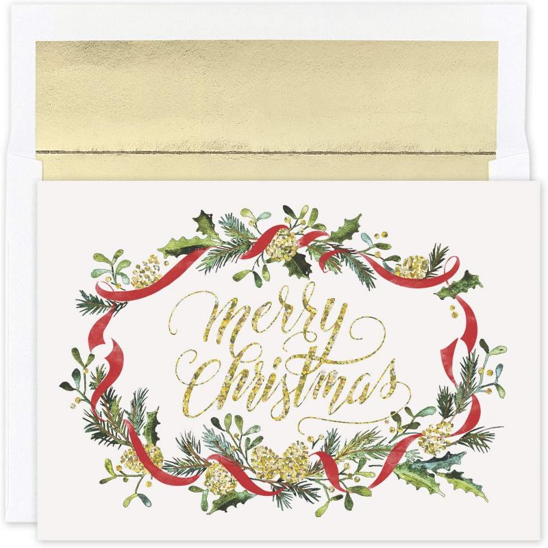 Masterpiece Studios Holiday Collection 15-Count Boxed Christmas Cards with Foil-Lined Envelopes, 7.8" x 5.6", Glittering Merry Pines (940200), 1 of 3