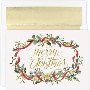 Masterpiece Studios Holiday Collection 15-Count Boxed Christmas Cards with Foil-Lined Envelopes, 7.8" x 5.6", Glittering Merry Pines (940200)