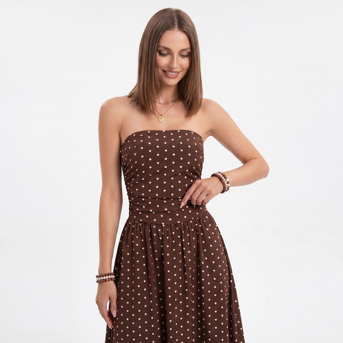 Женские платья Anna-Kaci Women's Polka Dot Strapless Maxi Dress with Ruched Bodice and Full Skirt - Small, Coffee — фото 5