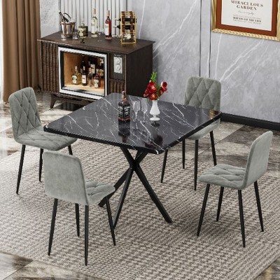 Kumasinova 5-Piece Dining Set for 4 – Faux Marble Square Table with 4 Leather Upholstered Chairs, Modern Kitchen Table Set,Black Table & Gray Chairs