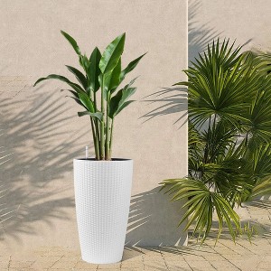 ORRD Set of 2 White Faux Rattan Planters​ 22" Tall, Auto-Watering, Indoor/Outdoor Use - 1 of 4