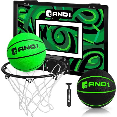 AND1 Over the Door Mini Basketball Hoop: 18x12 Shatterproof Backboard, 2 Mini Basketballs, and Hand Pump Included - Ultimate Indoor Accessory