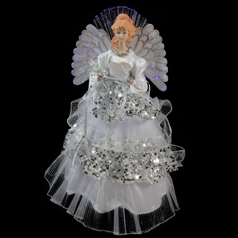 Northlight 16" White and Silver Lighted Fiber Optic Angel Sequined Gown Christmas Tree Topper, 2 of 4