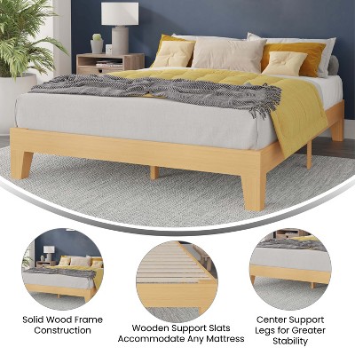 Natural Pine Queen Platform Bed Frame with Wooden Slats