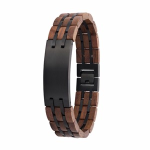 Men's Silver Stainless Steel and Natural Wood Link Bracelet, Wide Woven Wristband with Secure Clasp - 1 of 1