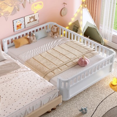 Lyngins Kids’ Wood Platform Bed Frame with Safety Guardrails and Detachable Fence, Rounded Corners, Toddler Beds, Twin Size Bed Frame for Kids