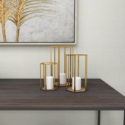 Gold Iron and Glass Hexagonal Candle Lantern Set