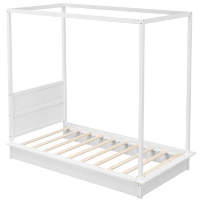 Bellemave Twin Size Wood LED Canopy Bed, Canopy Platform bed With Support Slats, No Box Spring Needed, White