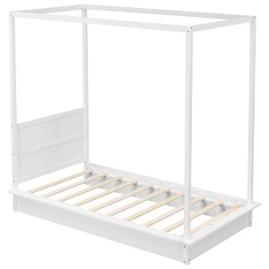 Bellemave Twin Size Wood LED Canopy Bed, Canopy Platform bed With Support Slats, No Box Spring Needed, White - 1 of 3